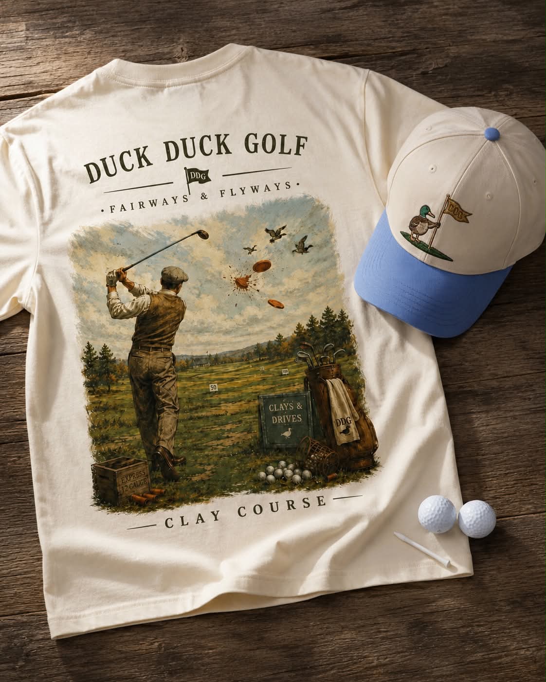 Clay Course graphic tee and matching hat flat lay