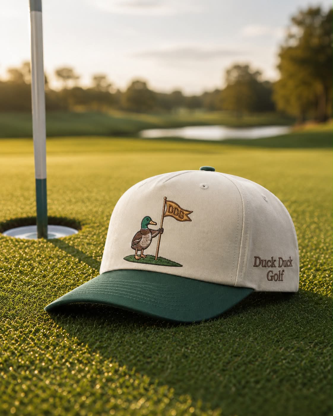 Duck Duck Golf Richardson 356 fit hat on the green at sunset